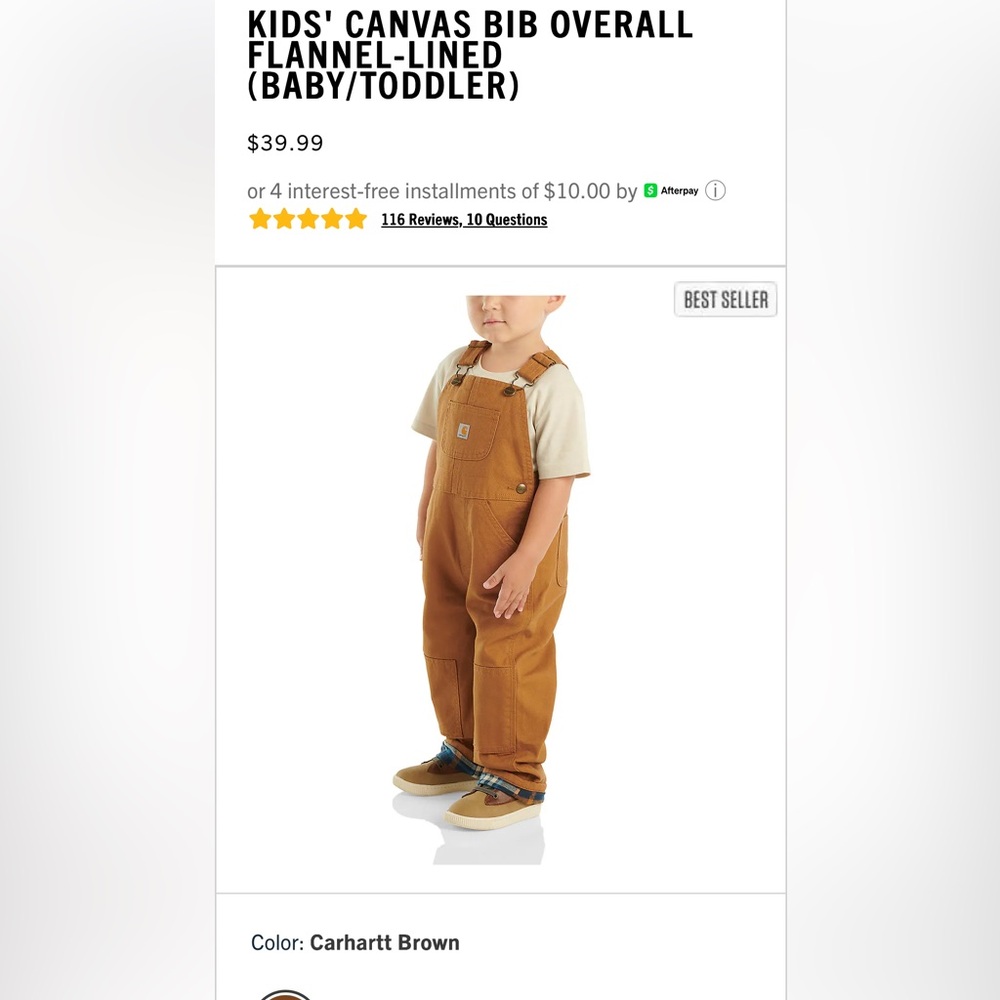 Flannel lined Carhartt Tan Toddler Bib Overall